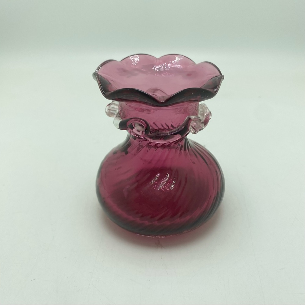Vintage Pilgrim Cranberry Glass Vase With Applied Rigaree Collar